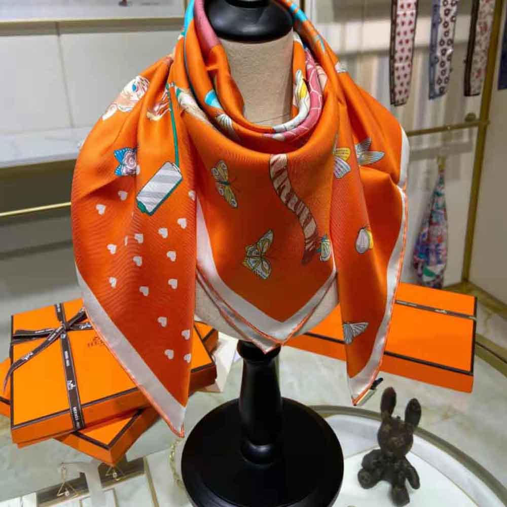 Hermes Women Hermes Story Scarf 90 in Silk Twill with Hand-Rolled Edges-Orange - image 5