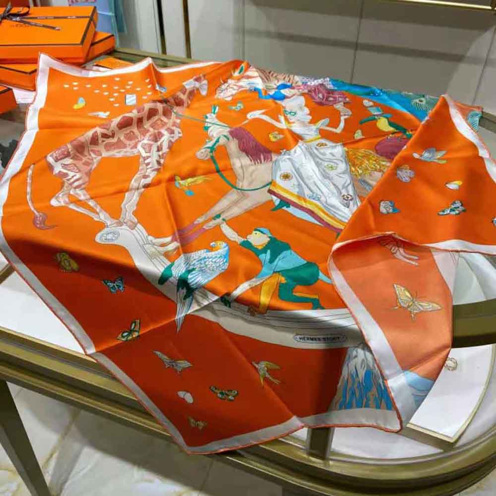 Hermes Women Hermes Story Scarf 90 in Silk Twill with Hand-Rolled Edges-Orange - image 4