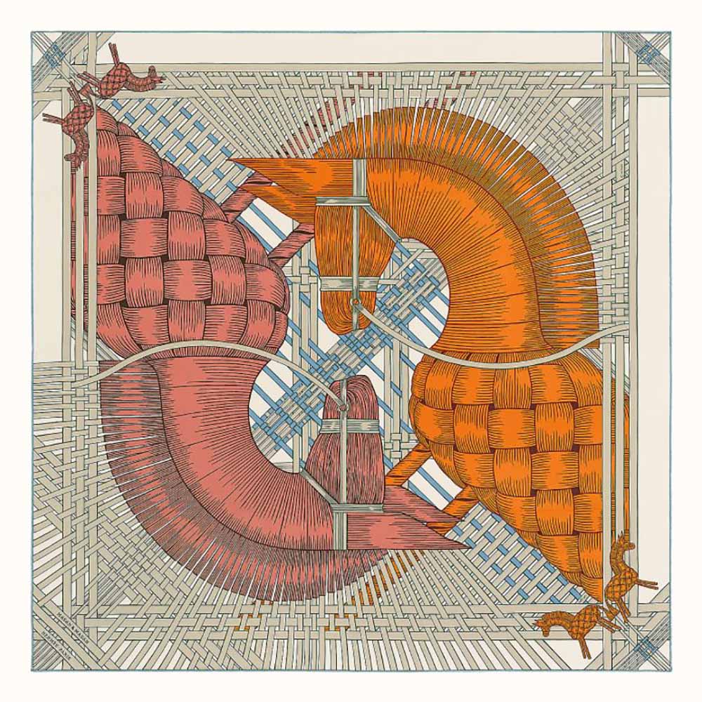 Front view of Hermes Women Masan and Masan Scarf 90 with Hand-Rolled Edges-Silver