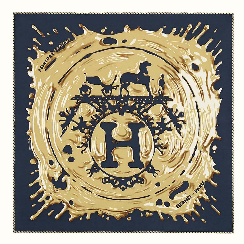 Front view of Hermes Women Peinture Fraiche Scarf 45 in navy silk twill