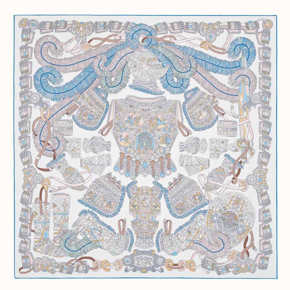 Front view of Hermes Women Sous L Egide De Mars Wash Scarf 90-Silver folded