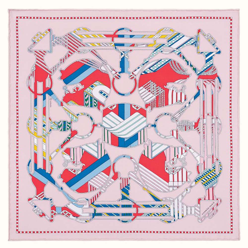 Close-up of Hermes Women Tatersale En Zigzag Scarf 45 silk twill pink pattern