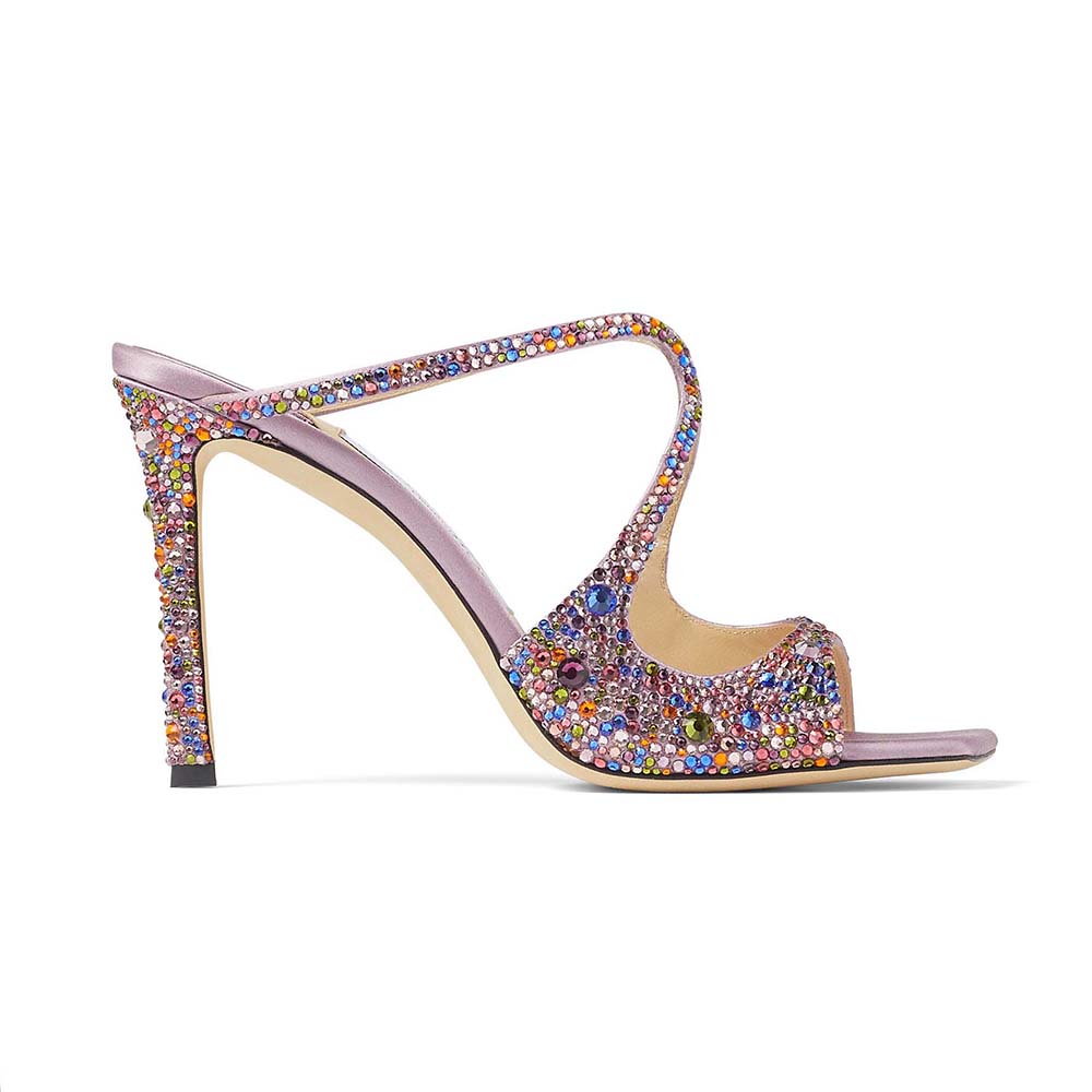 Side profile of Jimmy Choo Women Anise 95 Multi Rainbow Crystal Hotfix Mules in purple