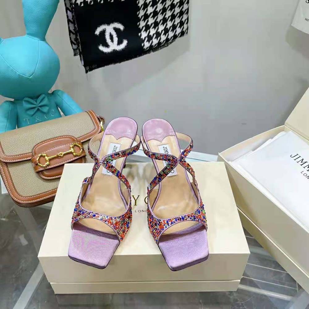 Close-up of rainbow crystal hotfix detail on Jimmy Choo Women Anise 95 mules