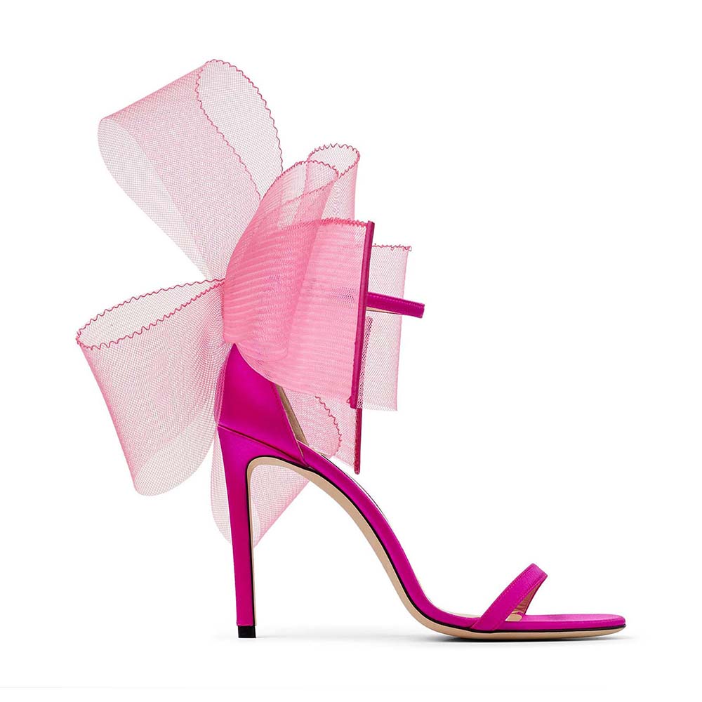 Front angle view of Jimmy Choo Women Aveline 100 Fuchsia Sandals