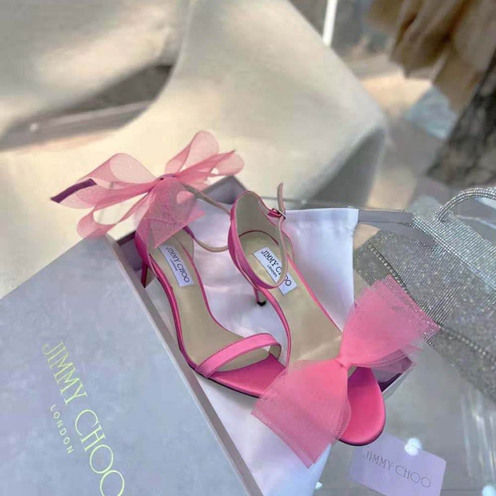 Jimmy Choo Women Aveline 100 Fuchsia Sandals with Asymmetric Grosgrain Mesh Fascinator Bows - image 6