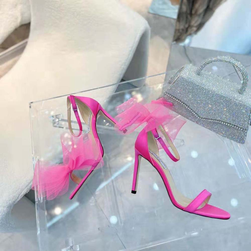 Jimmy Choo Women Aveline 100 Fuchsia Sandals with Asymmetric Grosgrain Mesh Fascinator Bows - image 4