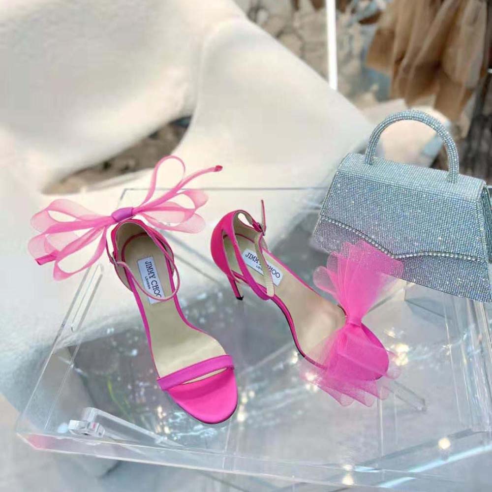 Jimmy Choo Women Aveline 100 Fuchsia Sandals with Asymmetric Grosgrain Mesh Fascinator Bows - image 5