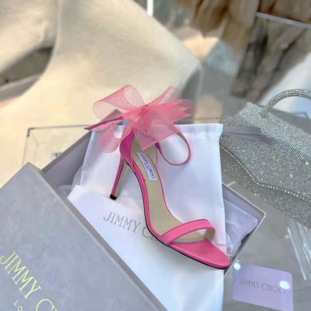 Jimmy Choo Women Aveline 100 Fuchsia Sandals with Asymmetric Grosgrain Mesh Fascinator Bows - image 7