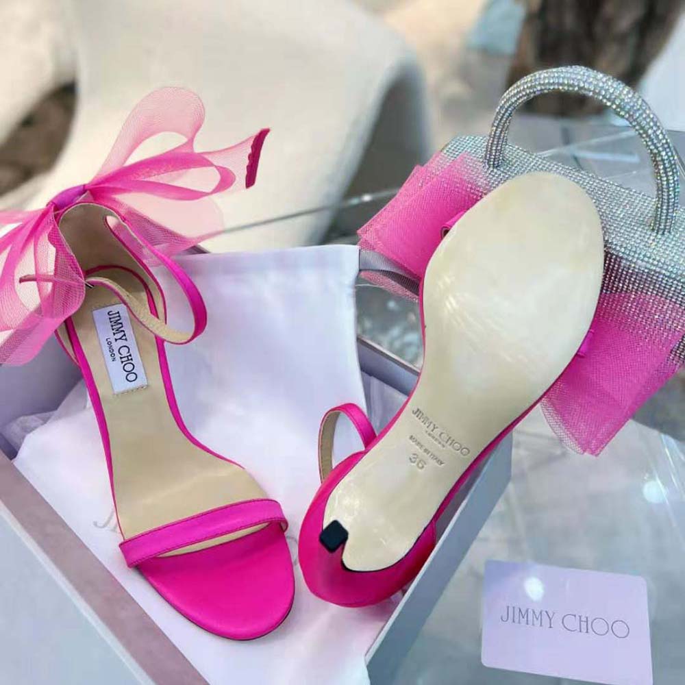 Jimmy Choo Women Aveline 100 Fuchsia Sandals with Asymmetric Grosgrain Mesh Fascinator Bows - image 8