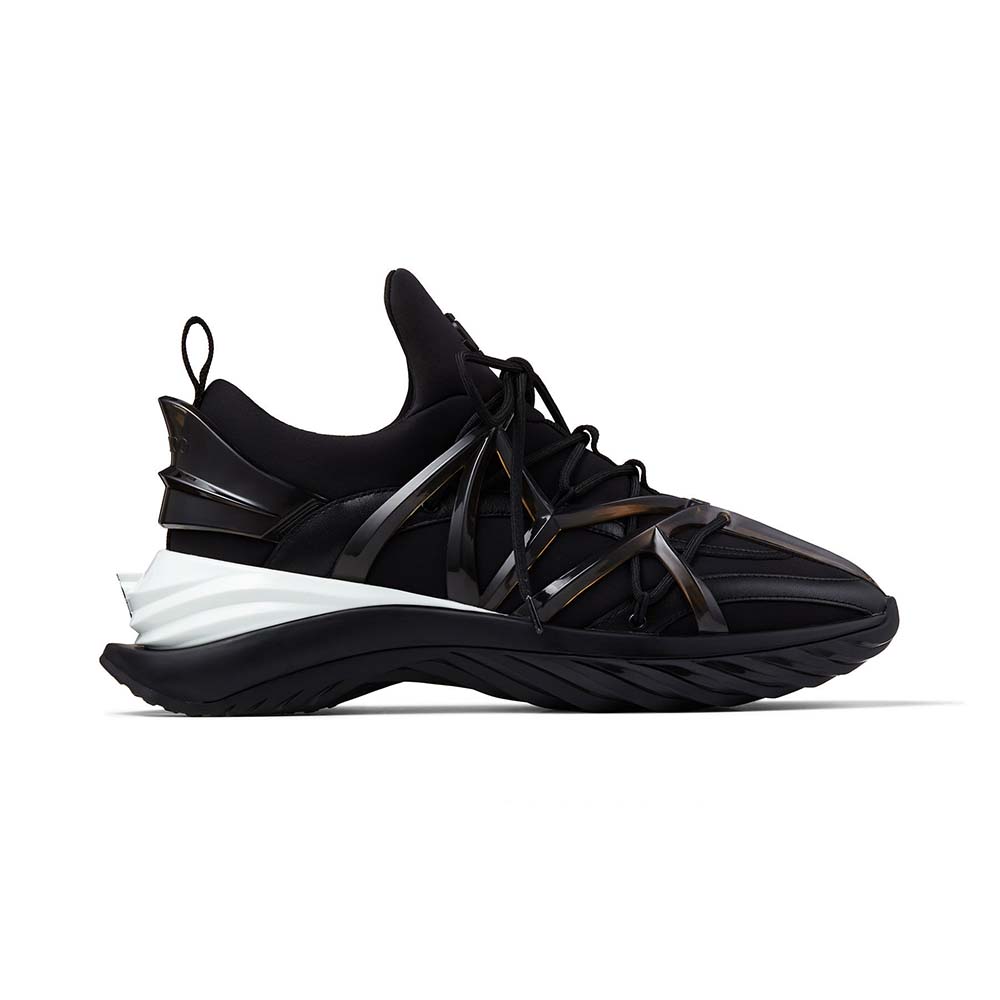 Side view of Jimmy Choo Women Cosmos/F Black Leather and Neoprene Trainers