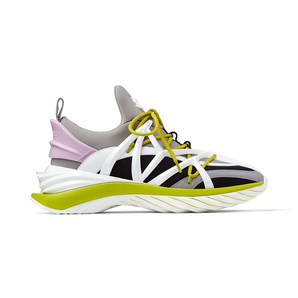 Side view of Jimmy Choo Women Cosmos/F Marl Grey Lime and Pink Trainers