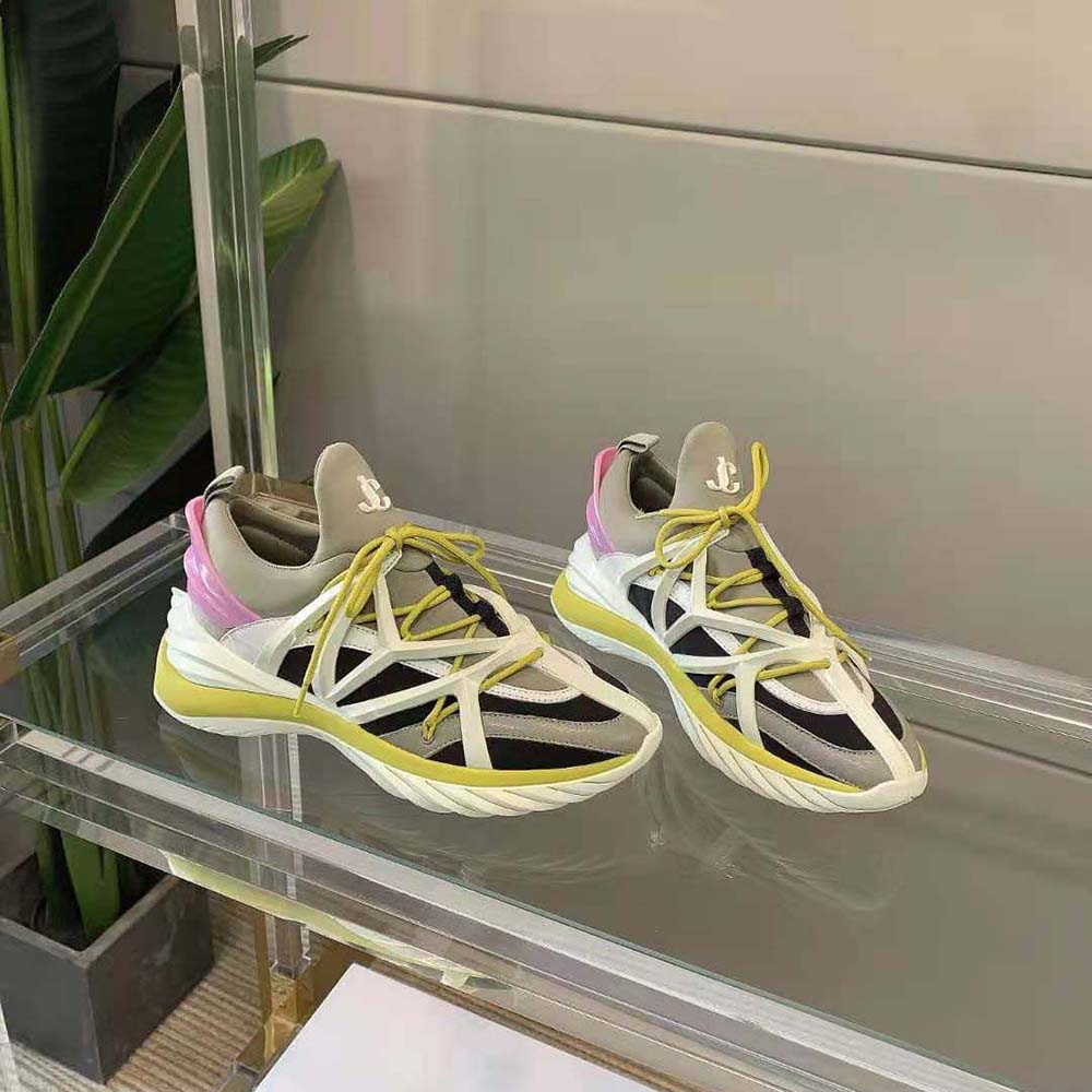 Top-down angle showing laces and signature detail on Jimmy Choo trainers