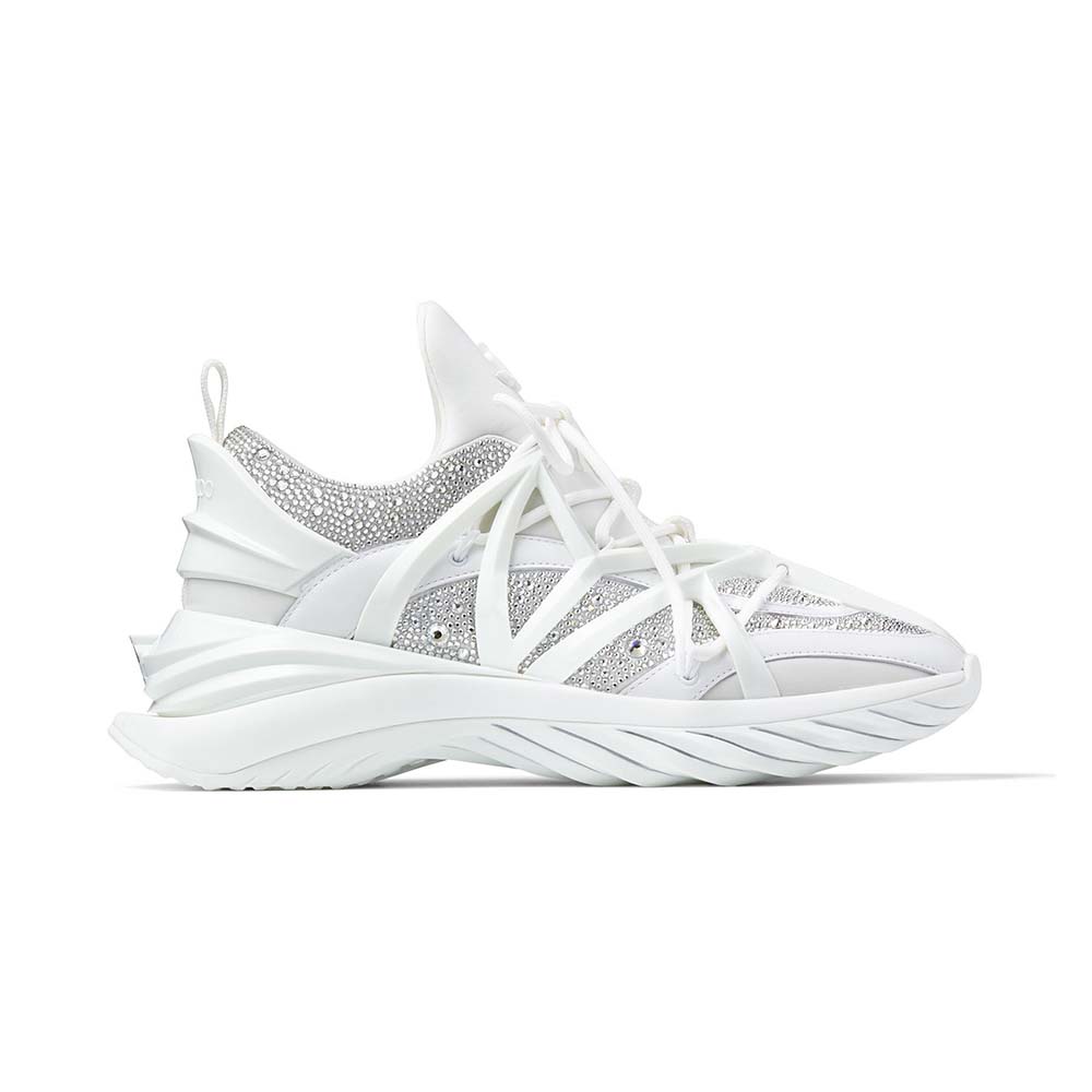 Side view of Jimmy Choo Women Cosmos/F White Neoprene and Leather Low-Top Trainers with Crystals