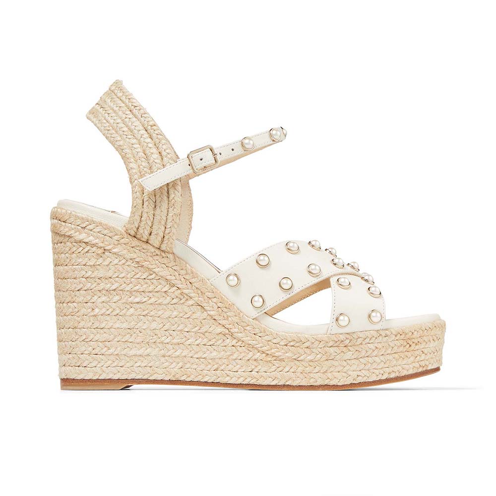 Front angle of Jimmy Choo Women Dellena 100 Latte Nappa Wedges with Pearls