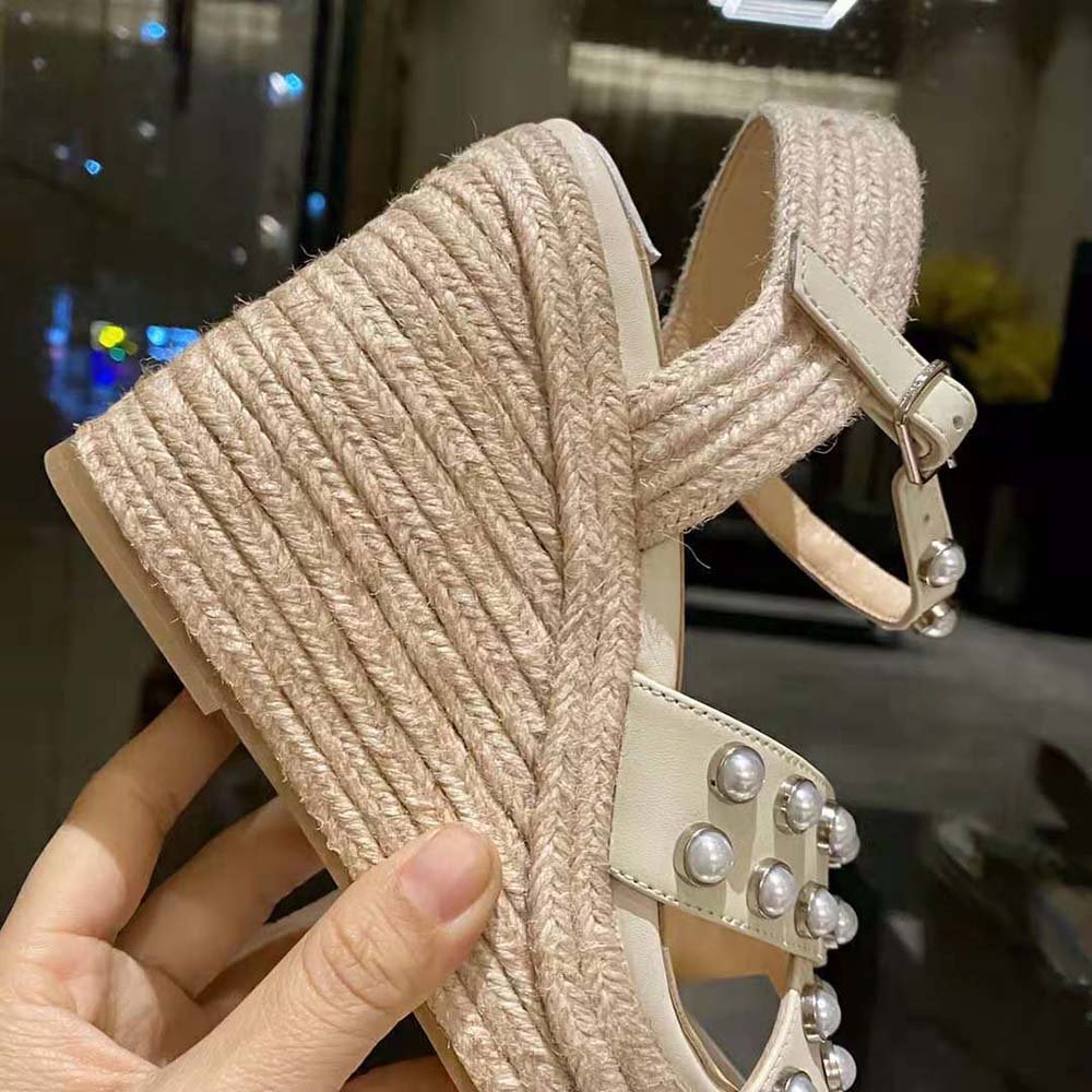 Jimmy Choo Women Dellena 100 Latte Nappa Wedges with Pearls - image 10
