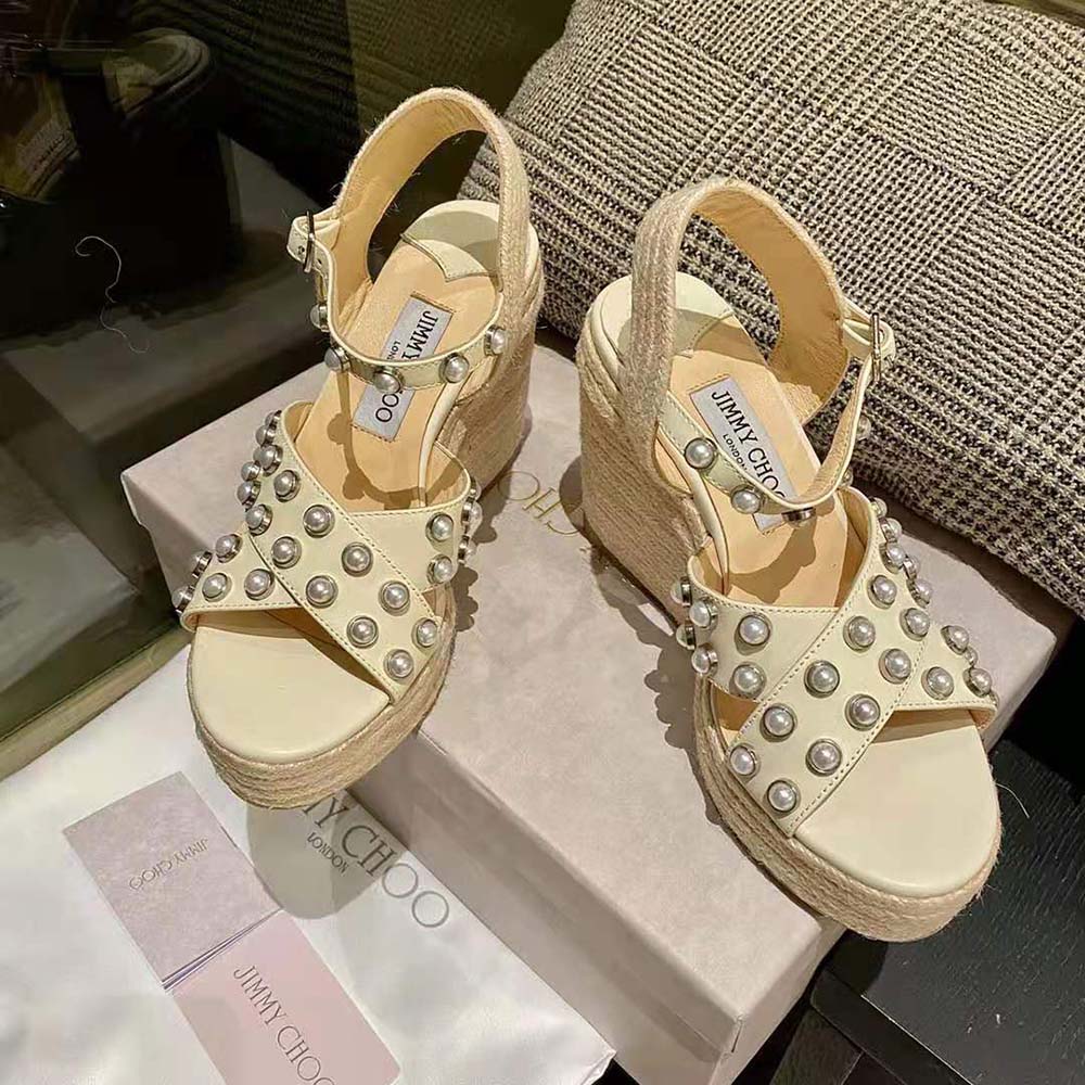 Close-up of pearl embellishments on Jimmy Choo Women Dellena 100 wedges