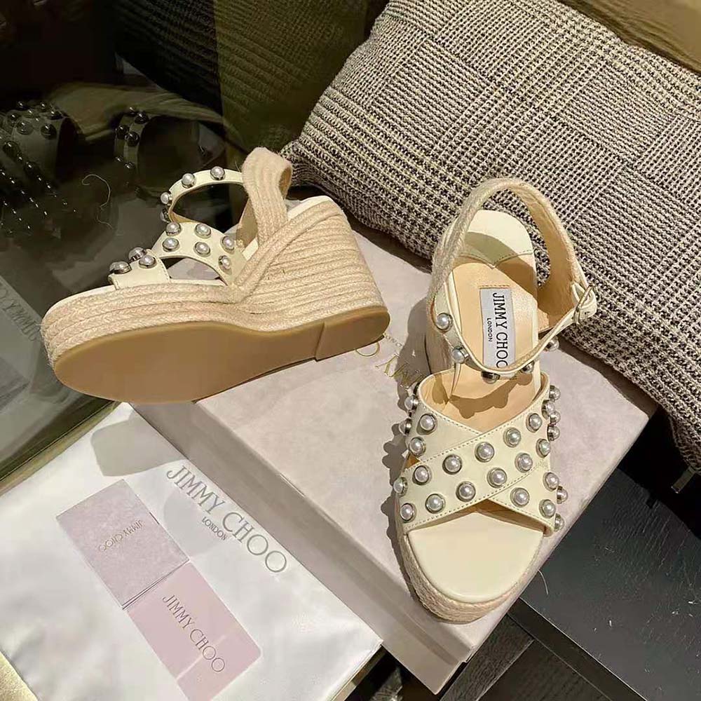 Jimmy Choo Women Dellena 100 Latte Nappa Wedges with Pearls - image 6