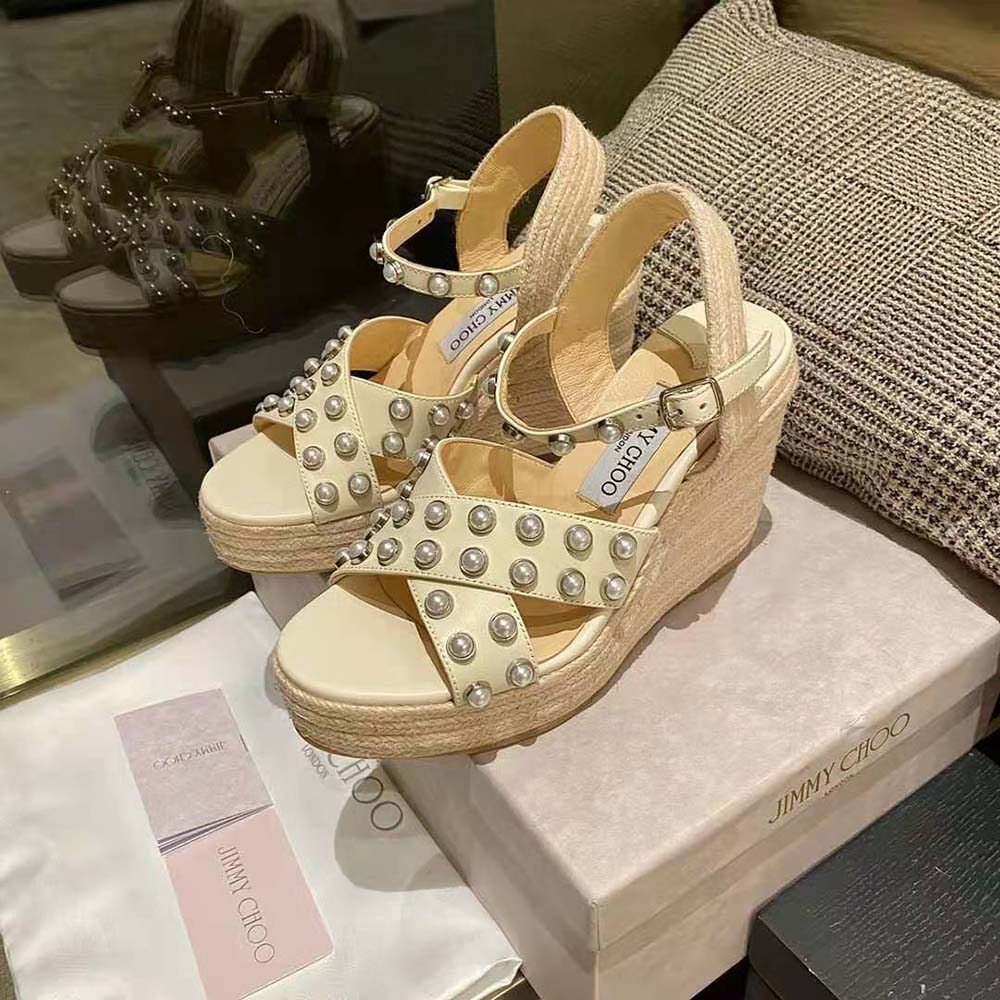 Jimmy Choo Women Dellena 100 Latte Nappa Wedges with Pearls - image 4