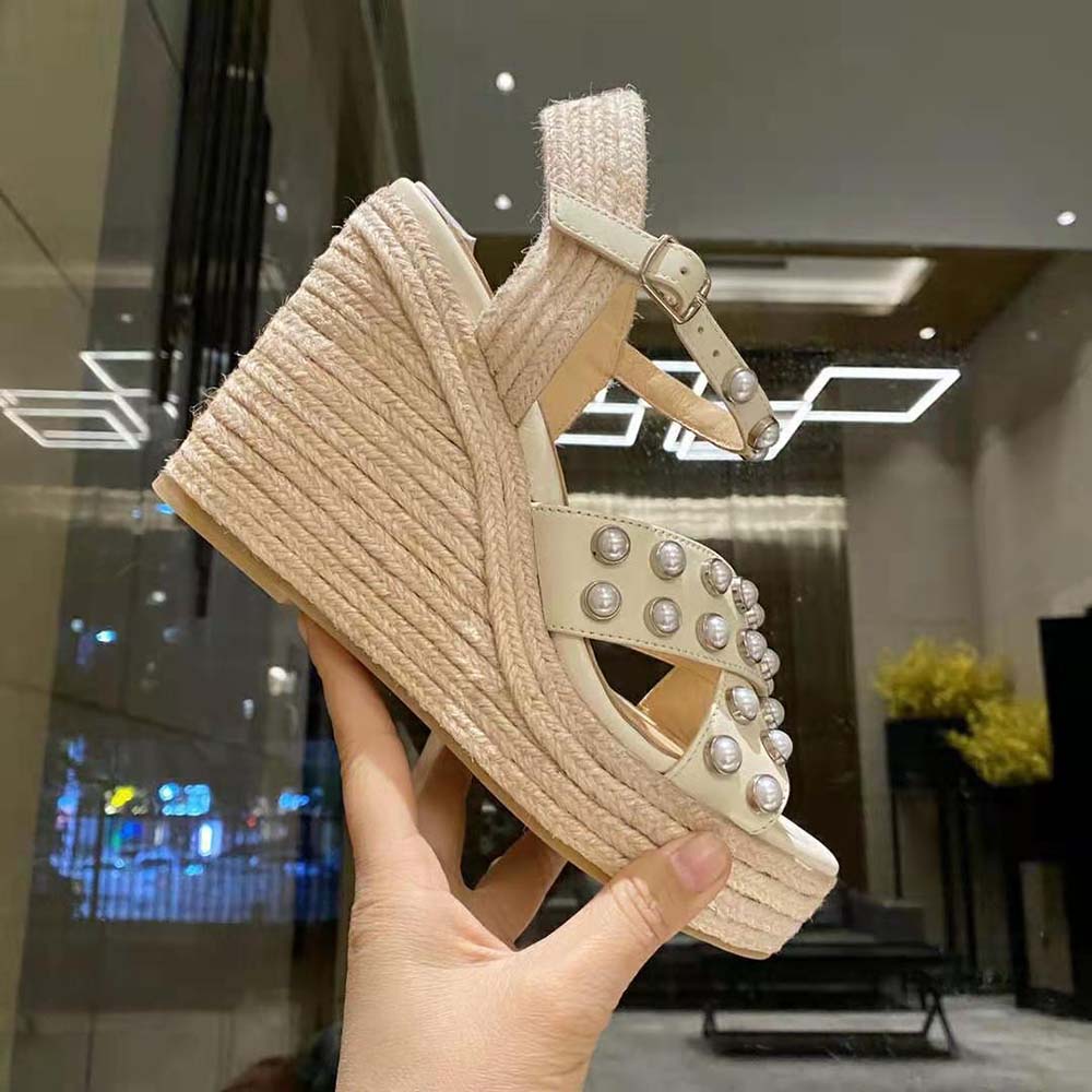 Jimmy Choo Women Dellena 100 Latte Nappa Wedges with Pearls - image 9