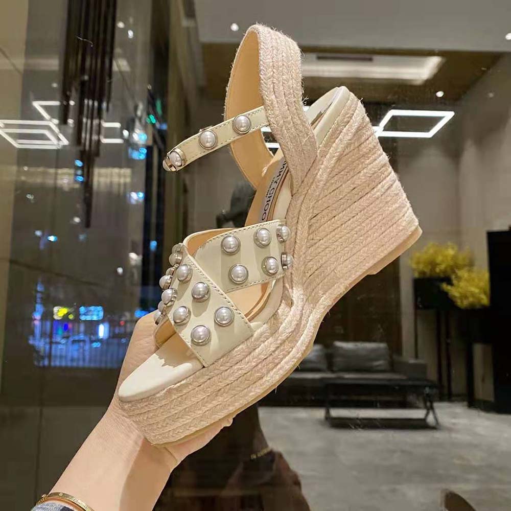 Jimmy Choo Women Dellena 100 Latte Nappa Wedges with Pearls - image 8