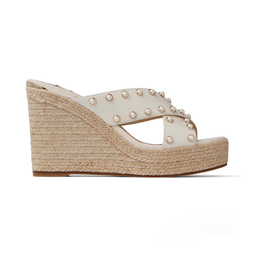 Side view of Jimmy Choo Women Dovina 100 Latte Nappa Wedges with Pearls