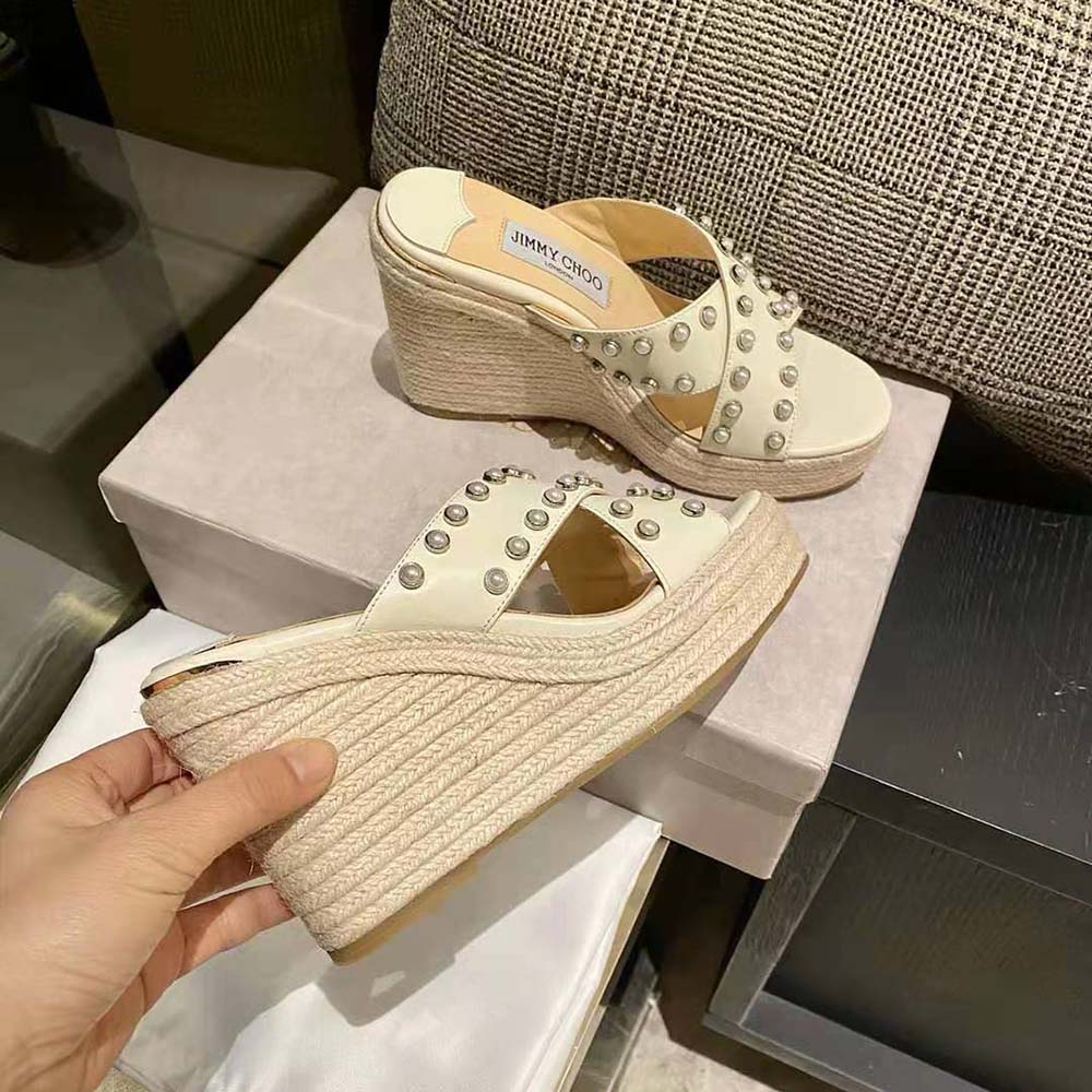 Jimmy Choo Women Dovina 100 Latte Nappa Wedges with Pearls - image 7