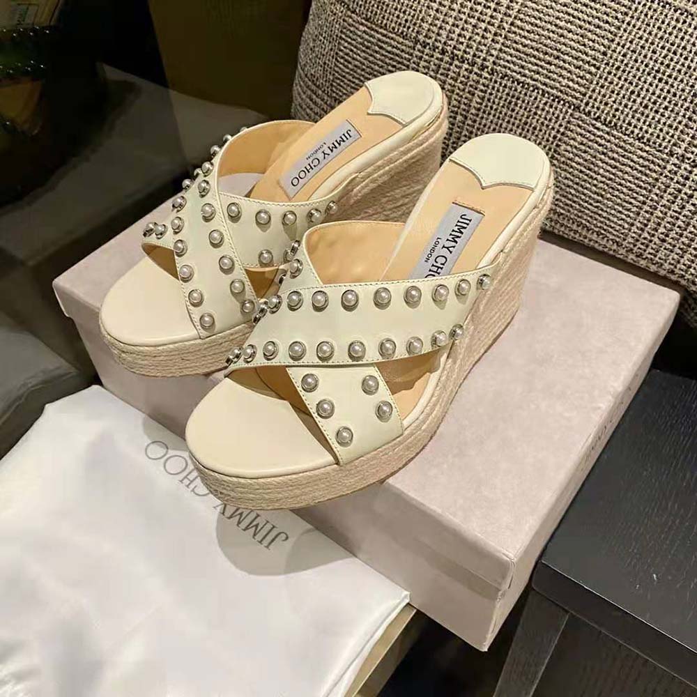 Jimmy Choo Women Dovina 100 Latte Nappa Wedges with Pearls - image 4