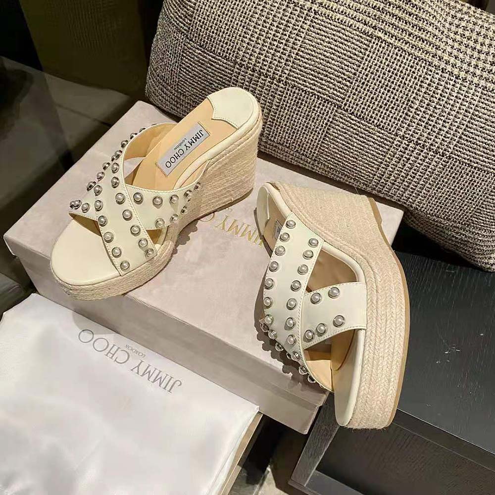 Jimmy Choo Women Dovina 100 Latte Nappa Wedges with Pearls - image 5