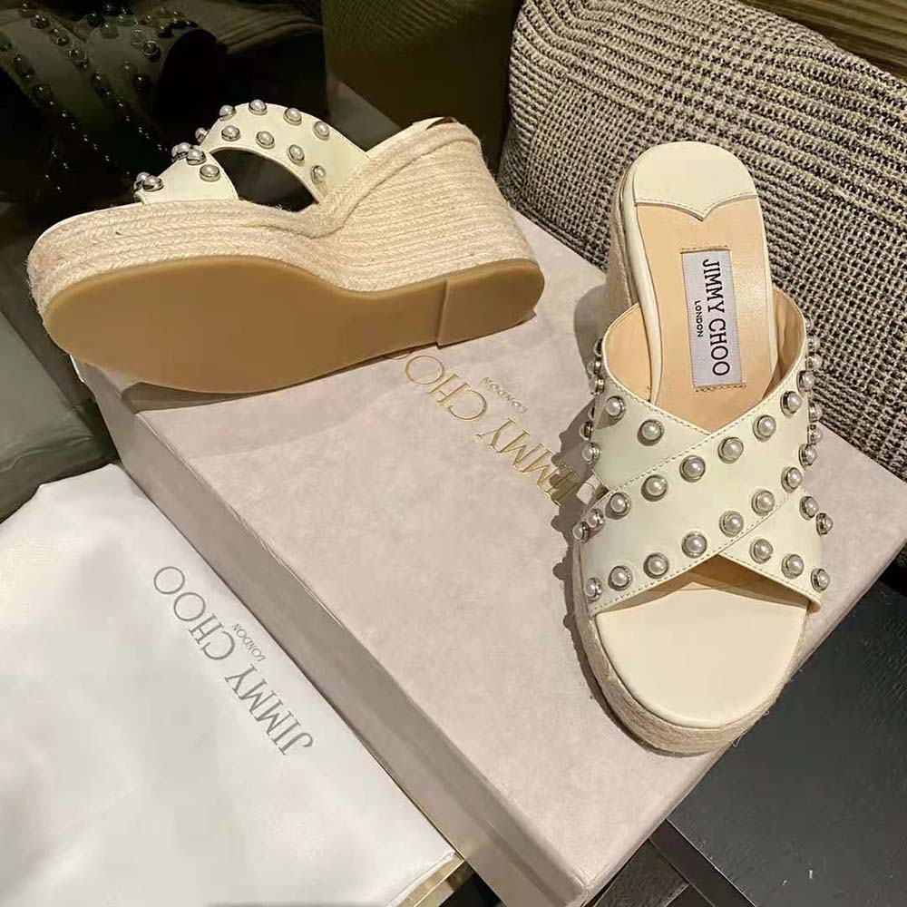 Jimmy Choo Women Dovina 100 Latte Nappa Wedges with Pearls - image 6