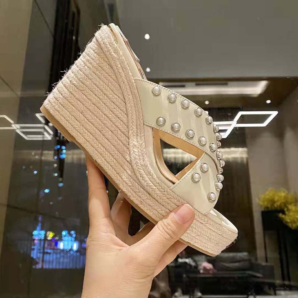 Jimmy Choo Women Dovina 100 Latte Nappa Wedges with Pearls - image 9