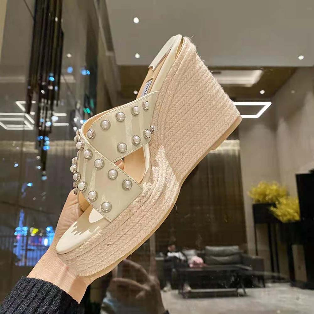 Jimmy Choo Women Dovina 100 Latte Nappa Wedges with Pearls - image 8