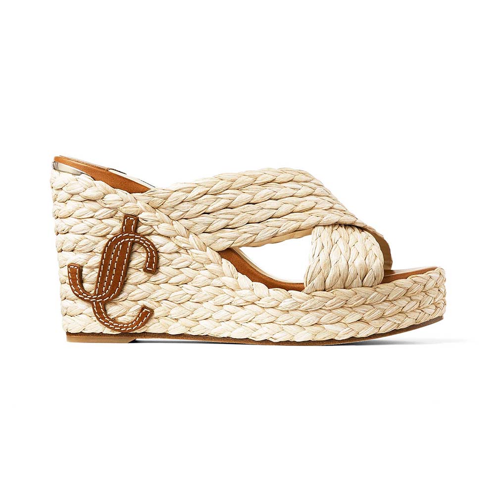 Side view of Jimmy Choo Women Dovina 100 Natural Raffia Wedge Mules beige
