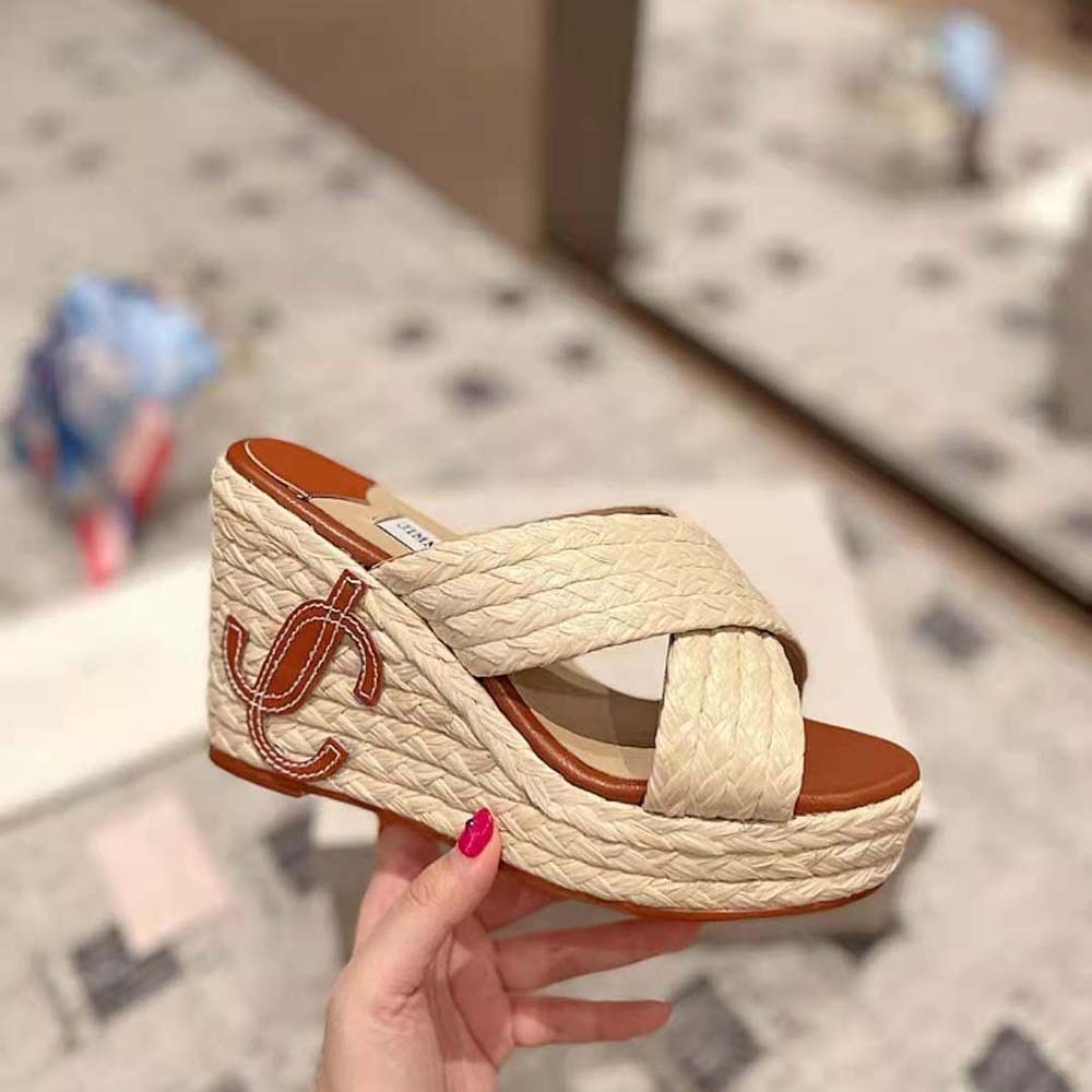 Jimmy Choo Women Dovina 100 Natural Raffia Wedge Mules with JC Monogram - image 6