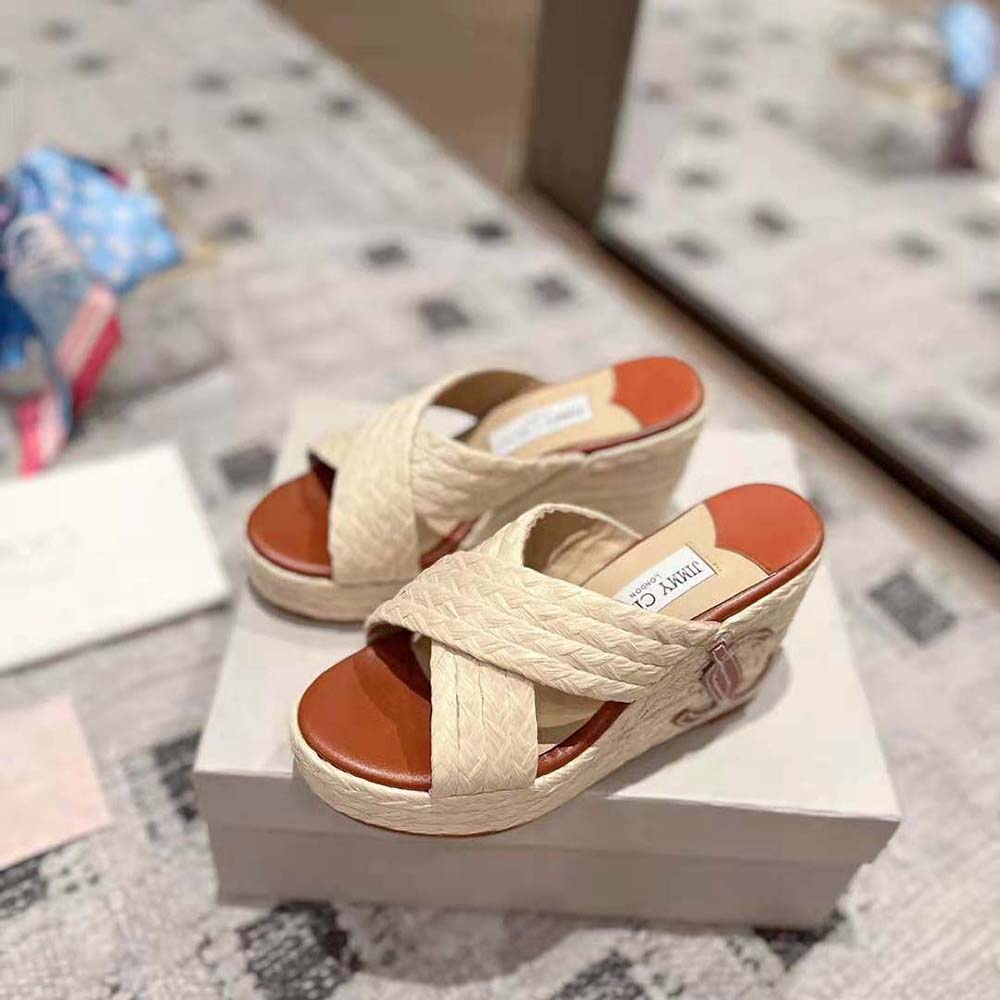 Jimmy Choo Women Dovina 100 Natural Raffia Wedge Mules with JC Monogram - image 4