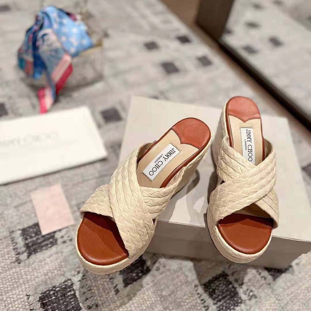 Top shot of beige raffia wedge mules Jimmy Choo Women Dovina 100
