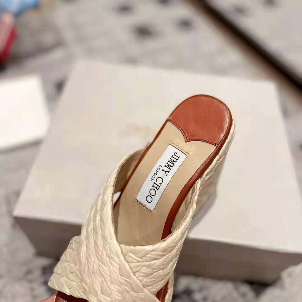 Jimmy Choo Women Dovina 100 Natural Raffia Wedge Mules with JC Monogram - image 7