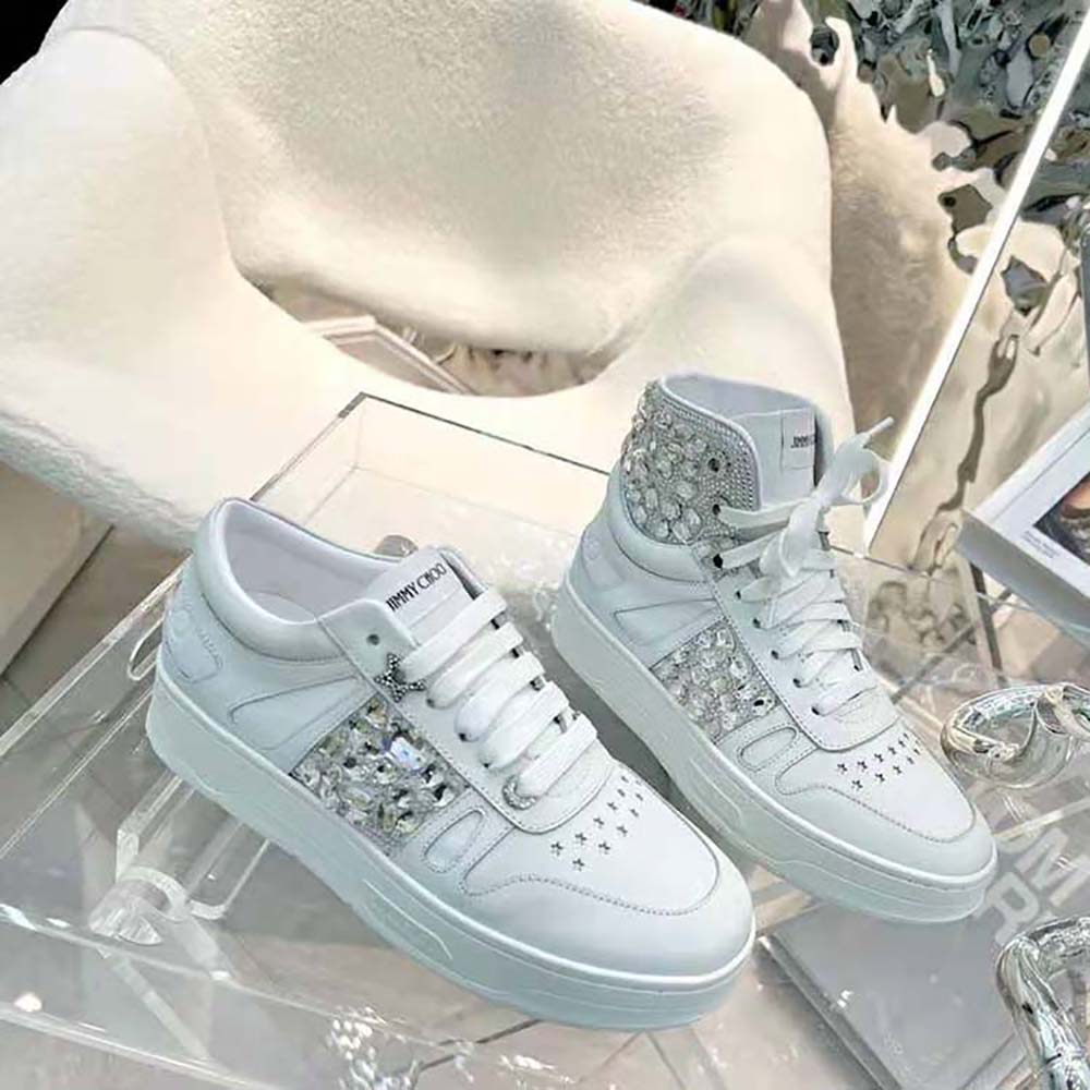 Top view showing lace closure of Jimmy Choo White Nappa Leather High-Top Trainers