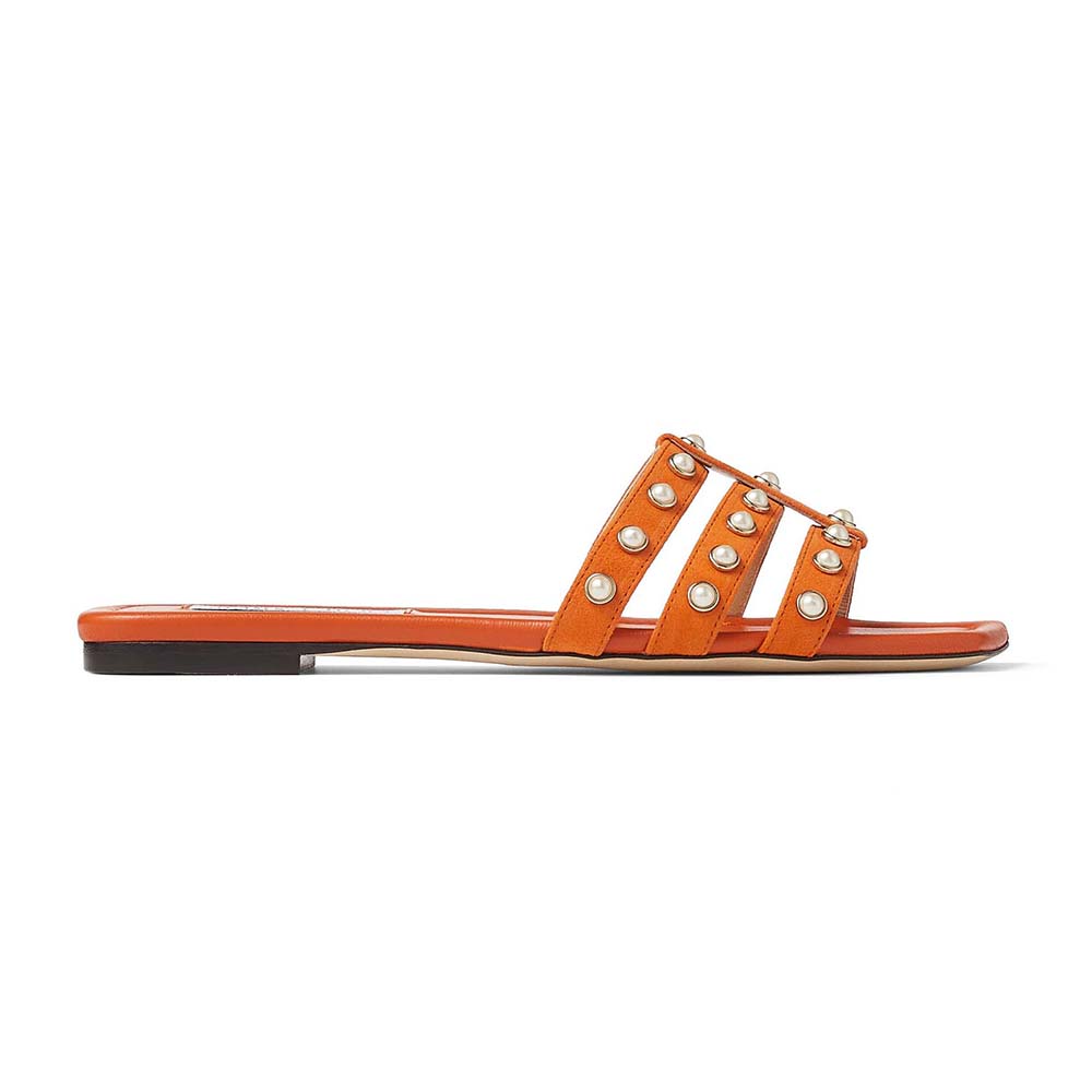 Front angle of Jimmy Choo Women Hazal Flat Amber Orange Suede Caged Flats