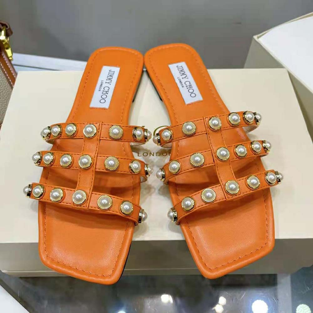 Jimmy Choo Women Hazal Flat Amber Orange Suede Caged Flats with Pearl Studs - image 9
