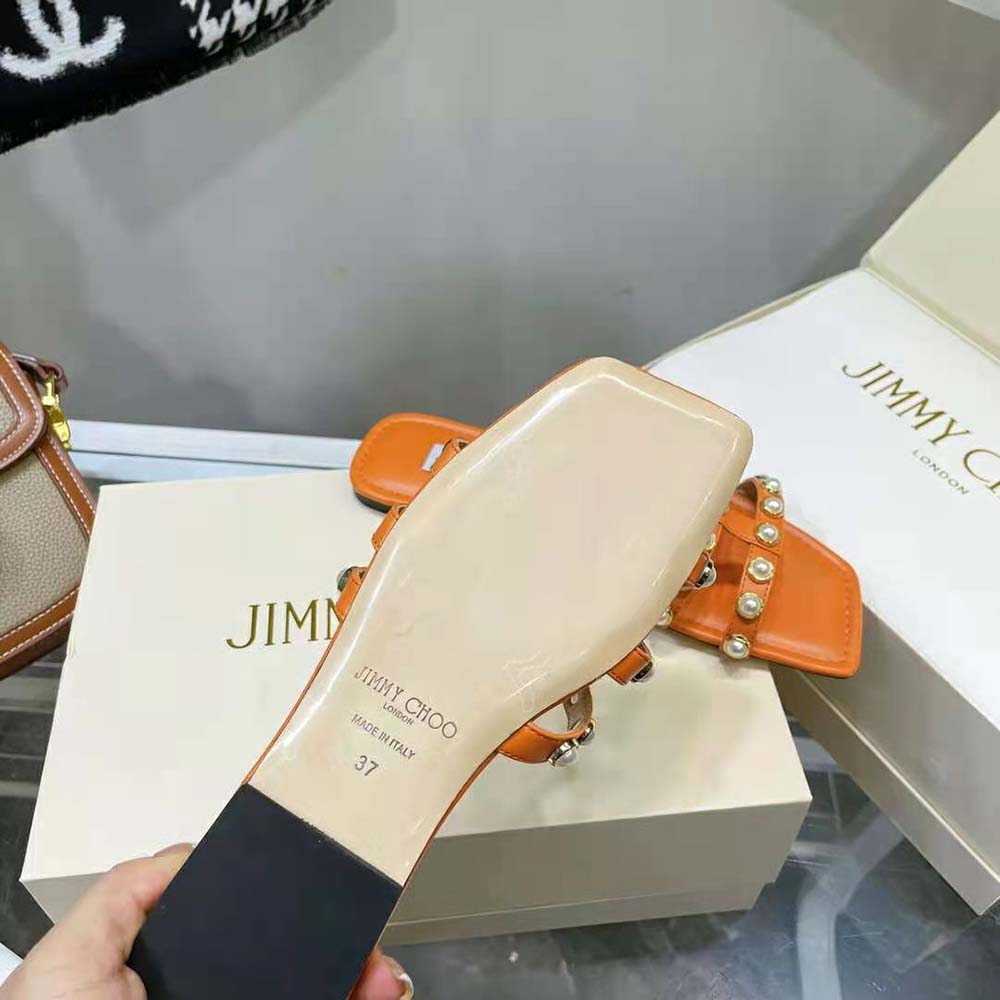 Jimmy Choo Women Hazal Flat Amber Orange Suede Caged Flats with Pearl Studs - image 10