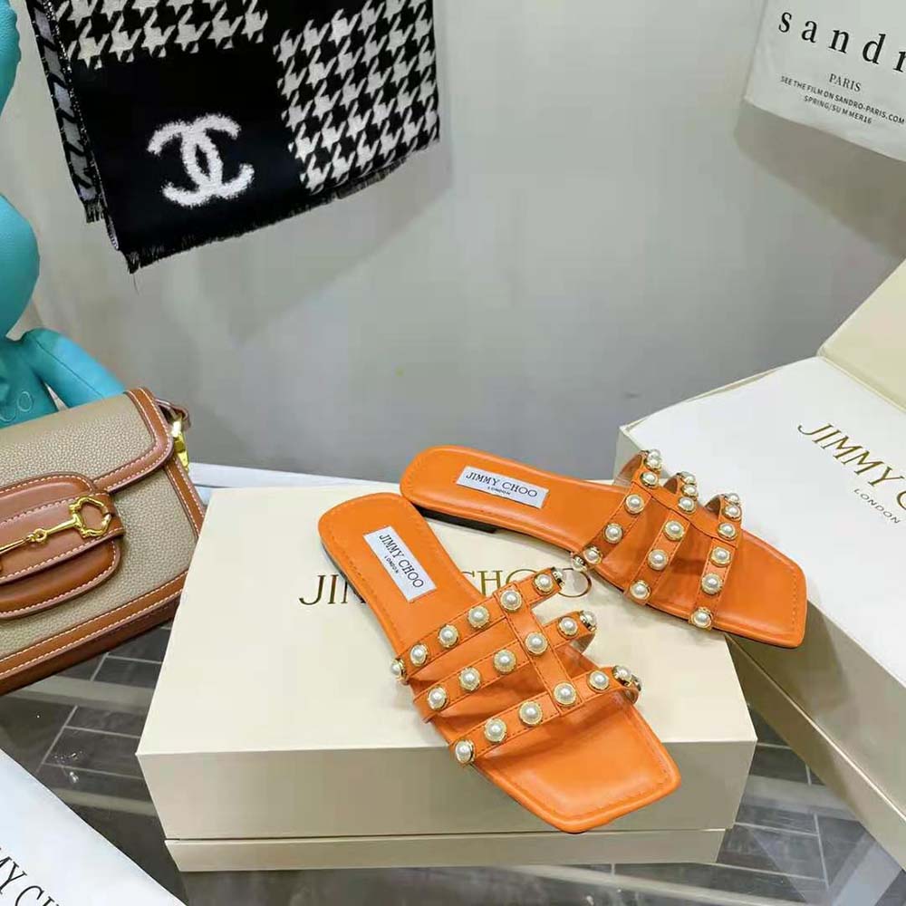 Jimmy Choo Women Hazal Flat Amber Orange Suede Caged Flats with Pearl Studs - image 8