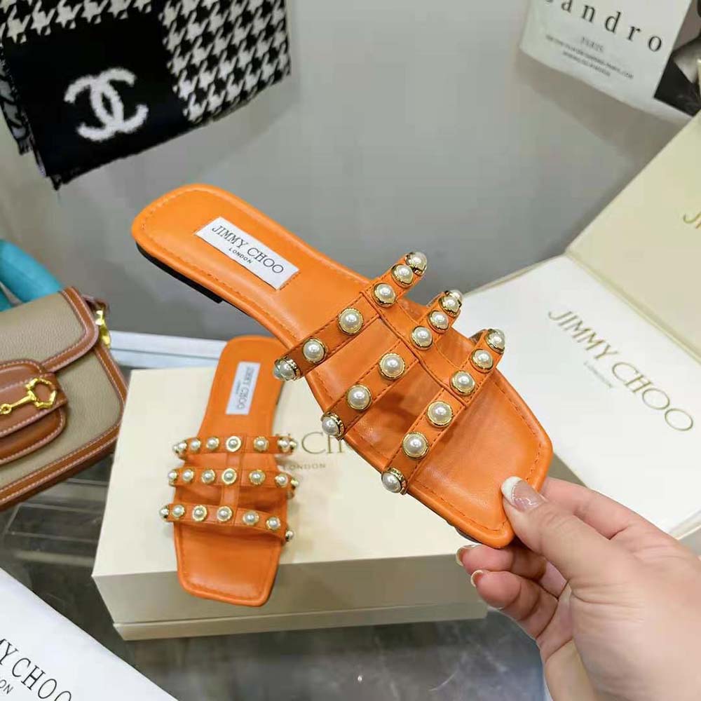 Jimmy Choo Women Hazal Flat Amber Orange Suede Caged Flats with Pearl Studs - image 7
