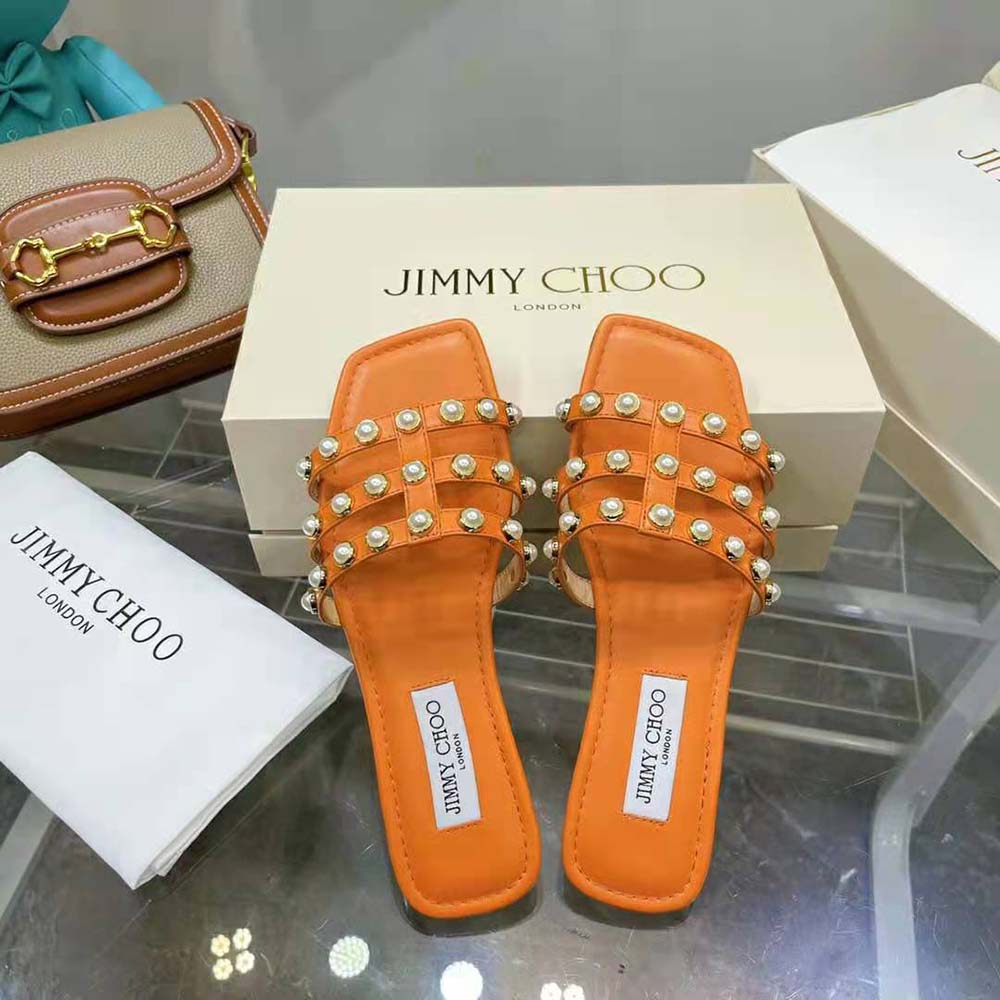 Jimmy Choo Women Hazal Flat Amber Orange Suede Caged Flats with Pearl Studs - image 4