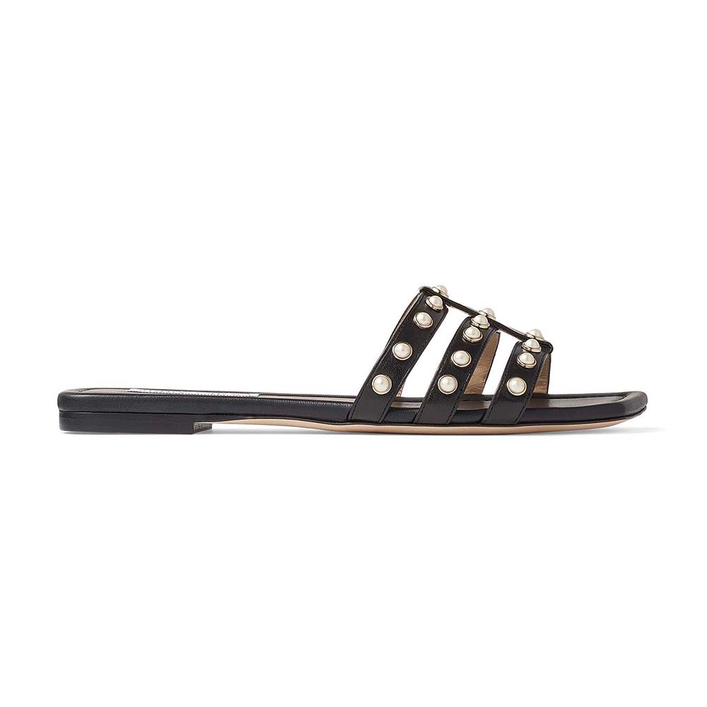Side view of Jimmy Choo Women Hazal Flat Black Nappa Caged Flats with pearl studs