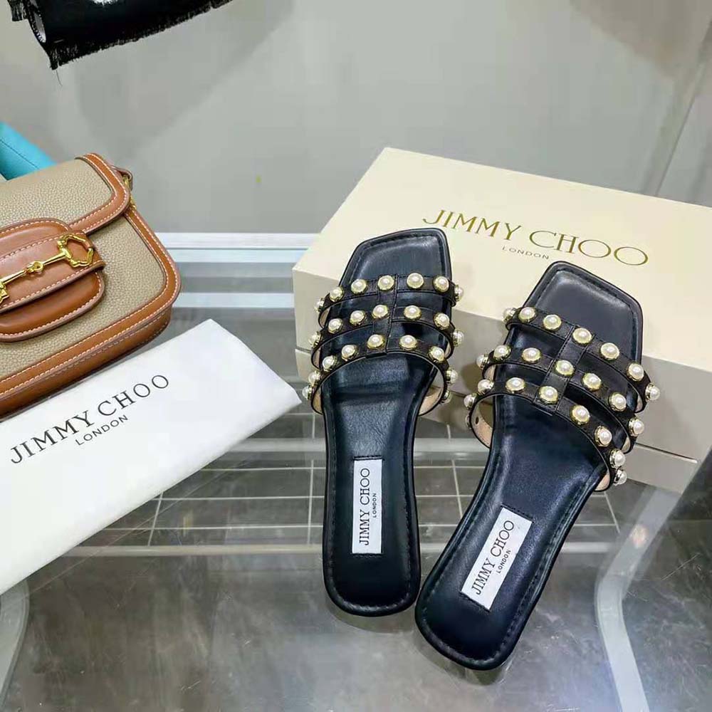 Jimmy Choo Women Hazal Flat Black Nappa Caged Flats with Pearl Studs - image 4