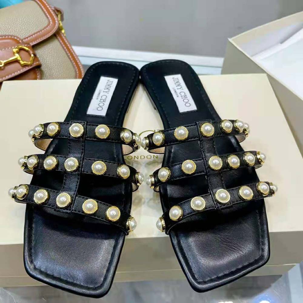Jimmy Choo Women Hazal Flat Black Nappa Caged Flats with Pearl Studs - image 7