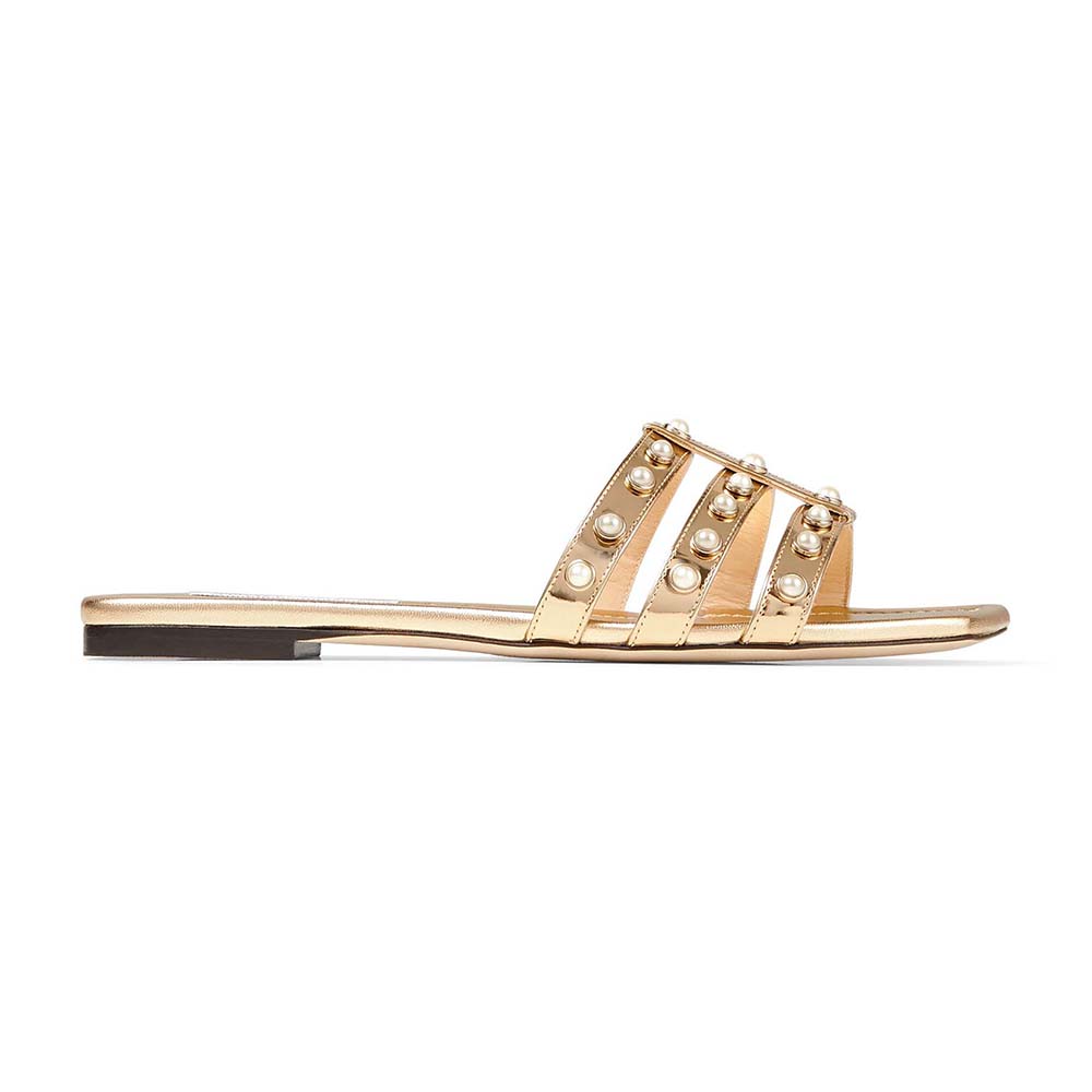 Side view of Jimmy Choo Women Hazal Flat Gold Liquid Metal Leather Flats