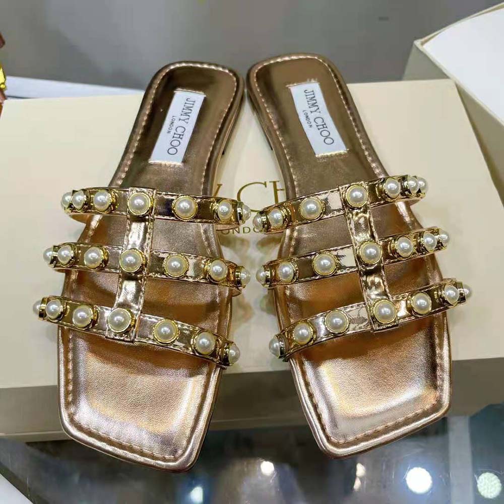 Jimmy Choo Women Hazal Flat Gold Liquid Metal Leather Flats with Pearl Studs - image 8