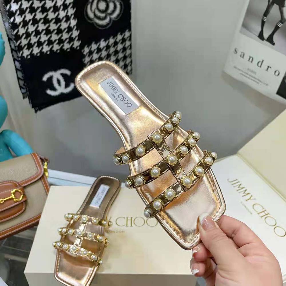 Jimmy Choo Women Hazal Flat Gold Liquid Metal Leather Flats with Pearl Studs - image 6